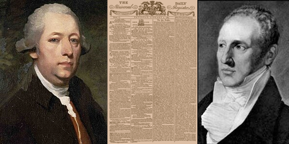 Portrait of John Walter and William Duggard next to a copy of The Daily Register from 1751